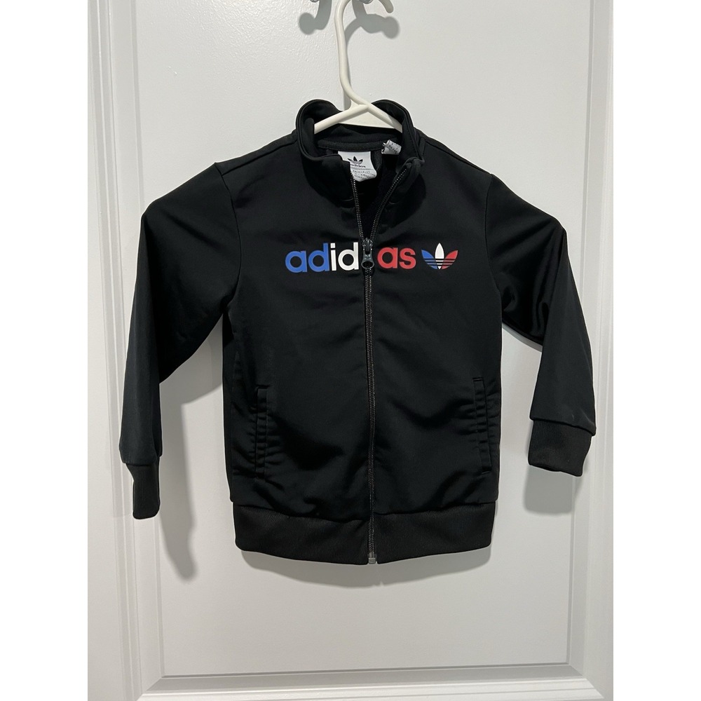 ✨ Adidas Track Suit Jacket Toddler Kids Black Size 4T Red White Blue Logo